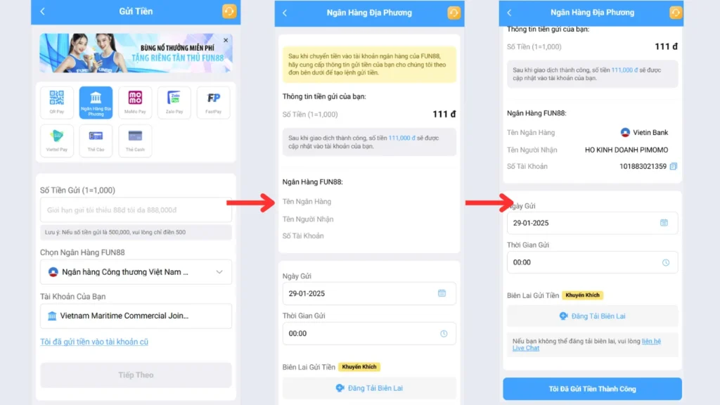 Hướng dẫn nạp tiền Fun88 qua ngân hàng địa phương