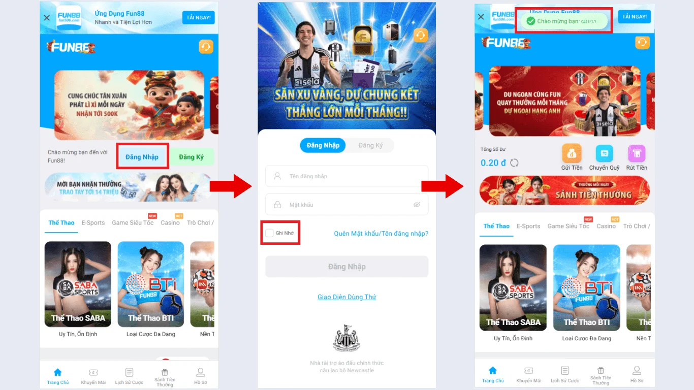 Các bước đăng nhập Fun88