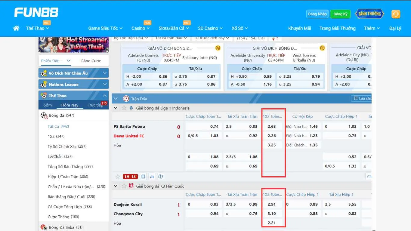 Giao diện bang kèo châu âu tại FUN88