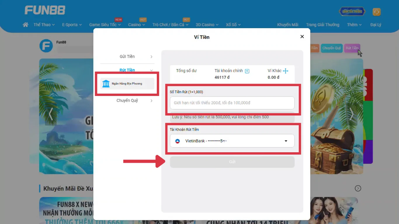 Chọn phương thức rút tiền FUN88