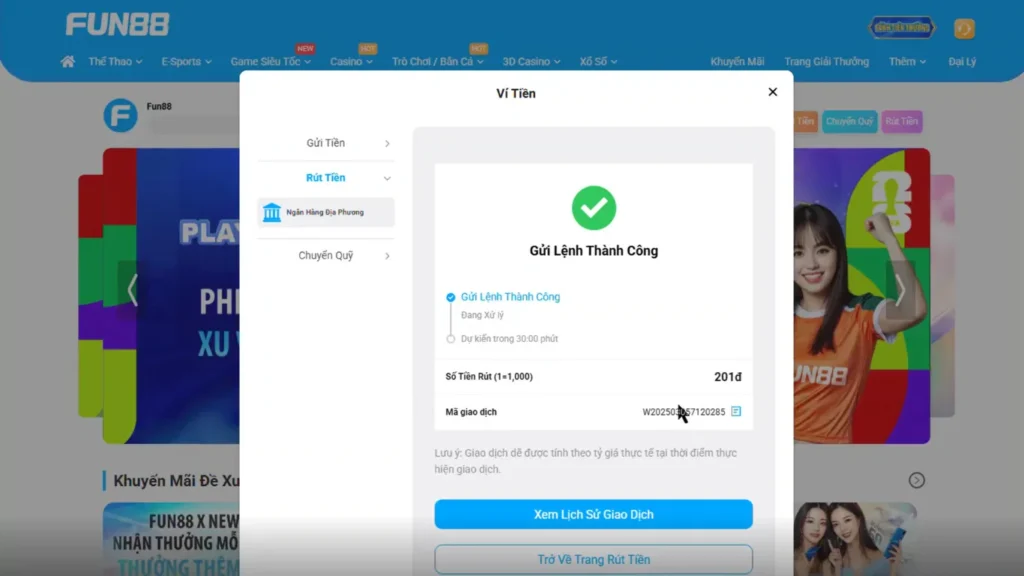 Giao dịch rút tiền FUN88 thành công