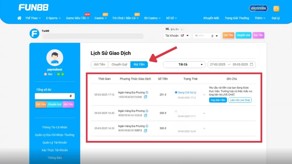 Kiểm tra lịch sử giao dịch sau khi rút tiền