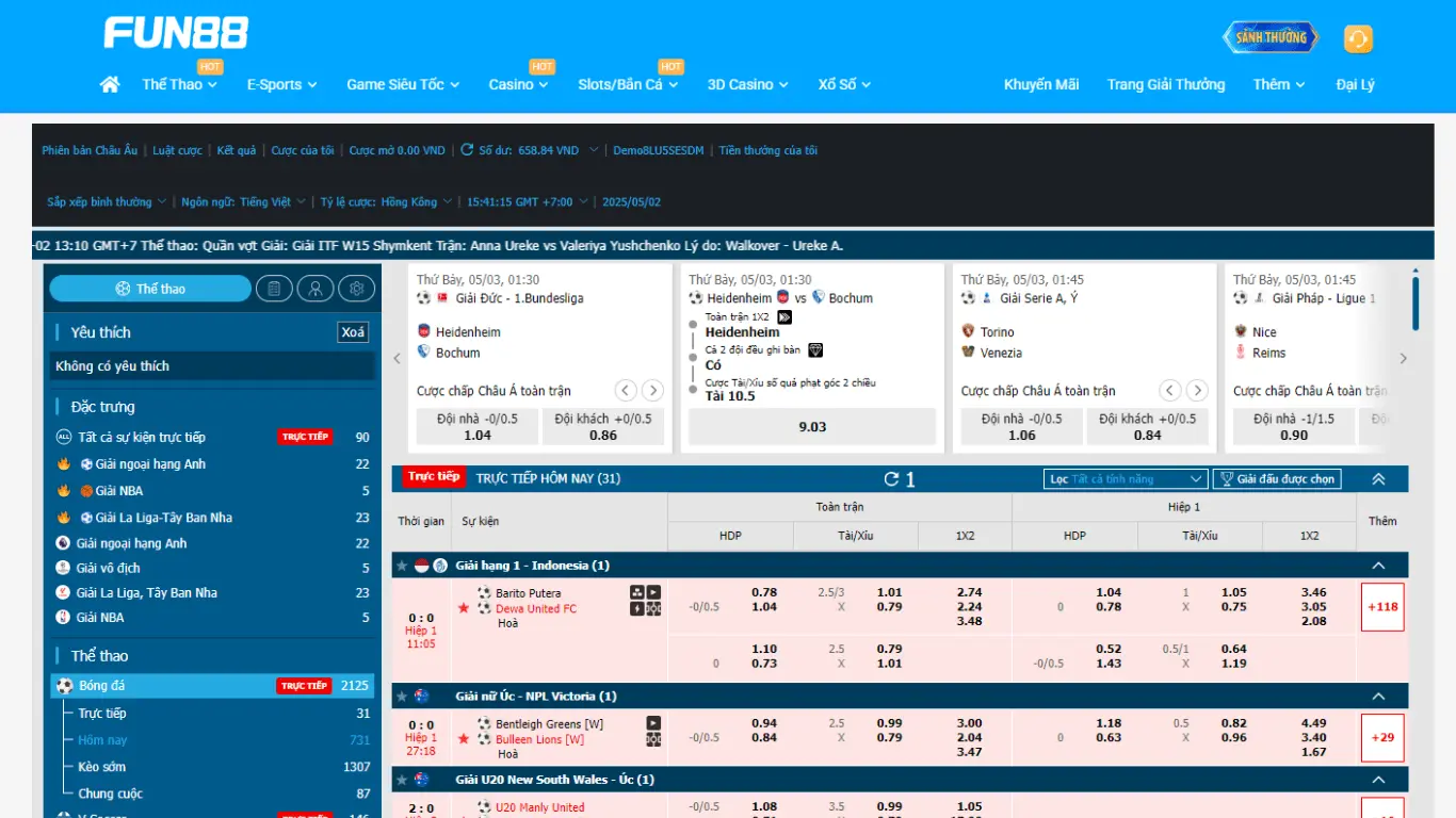 Giao diện các trận kèo bóng đá tại FUN88