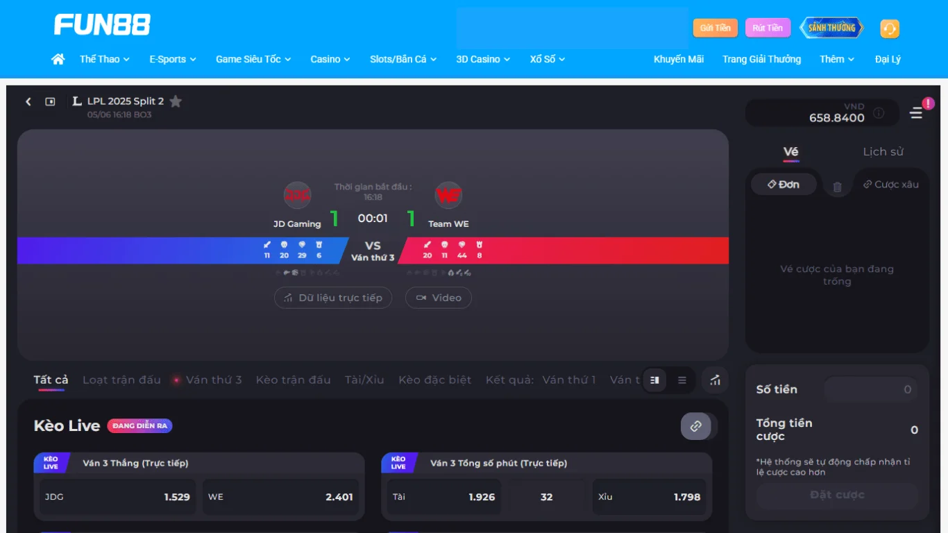 Giao diện game Esport tại FUN88