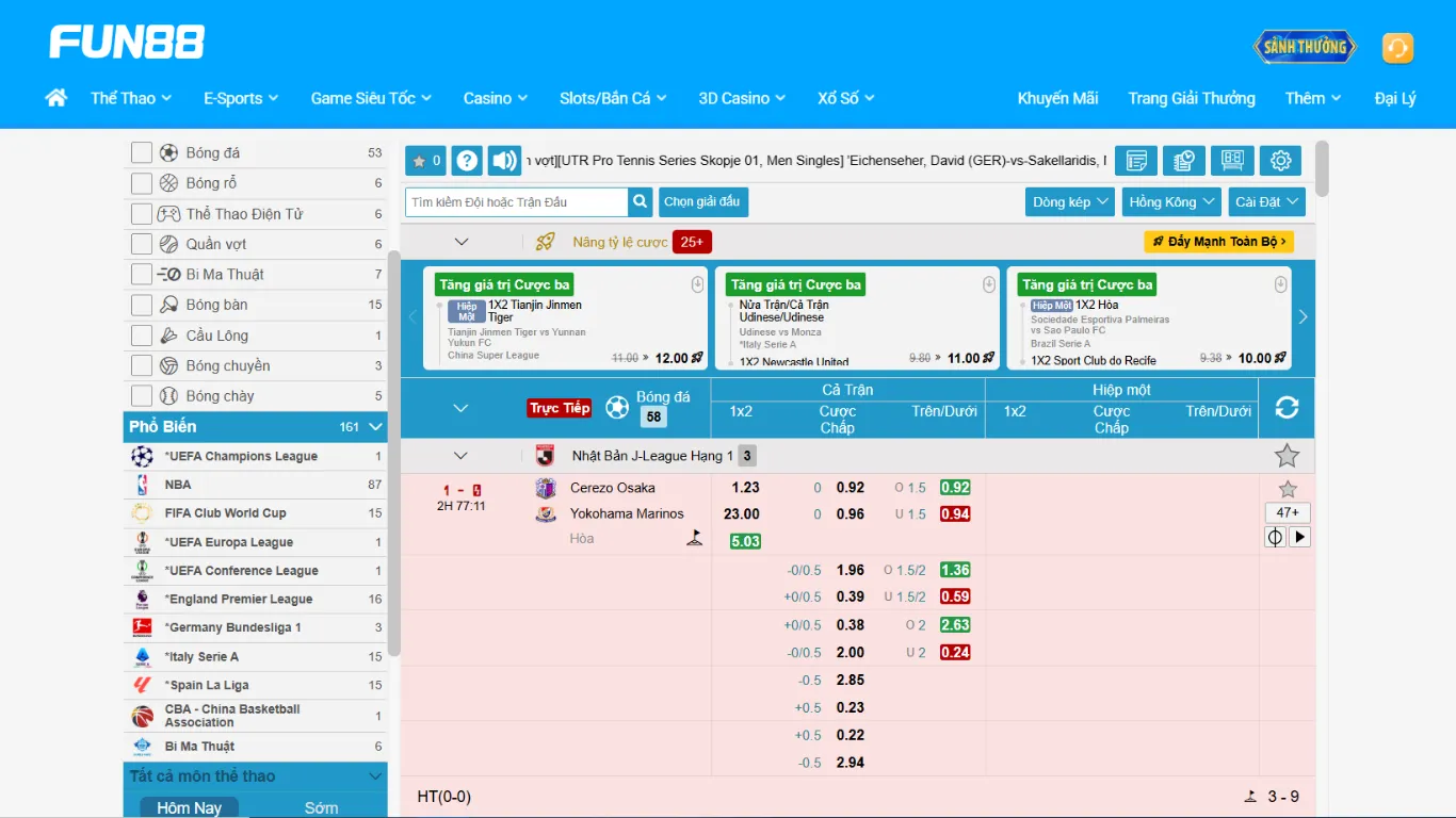 Giao diện cá cược bóng đá tại FUN88