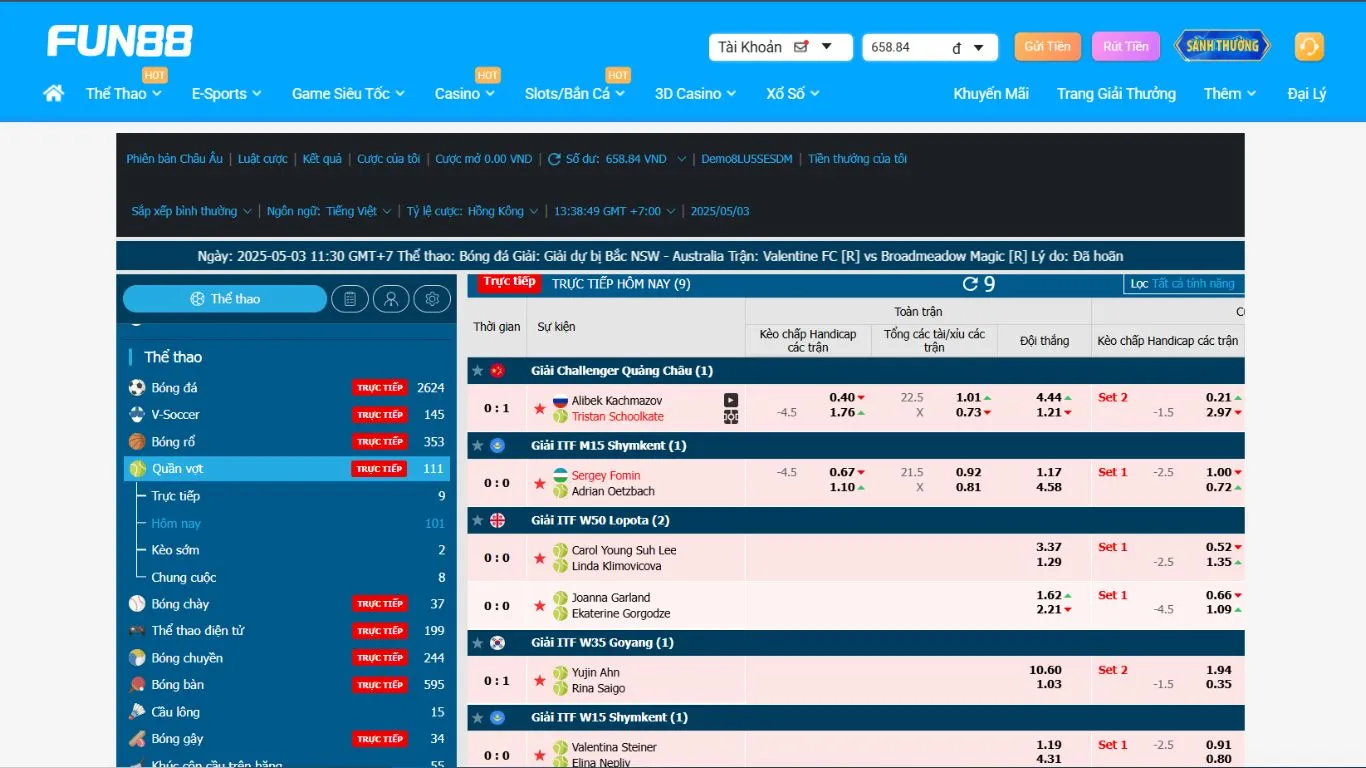 Giao diện cá cược quần vợt tại FUN88