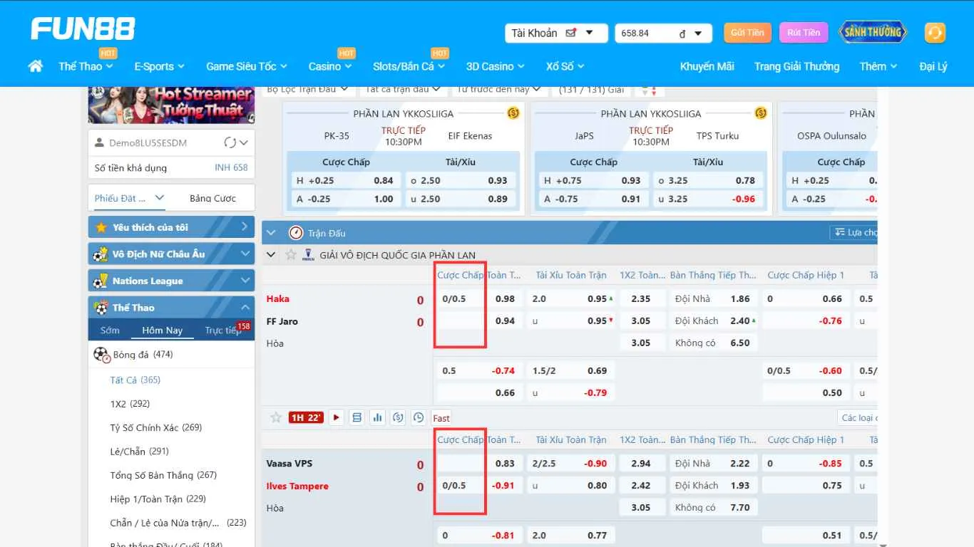 Giao diện kèo chấp 1/4 tại FUN88