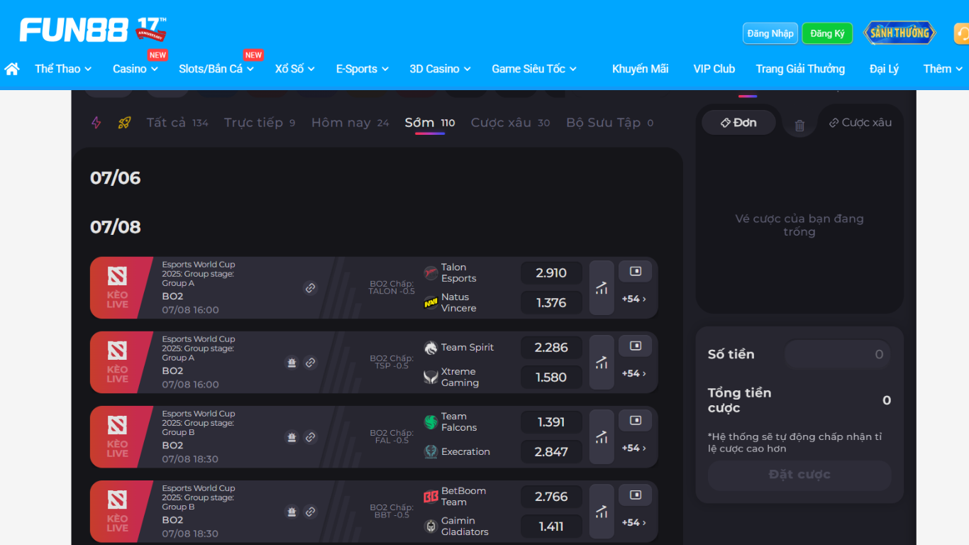 Giao diện cá cược EWC 2025 tại FUN88