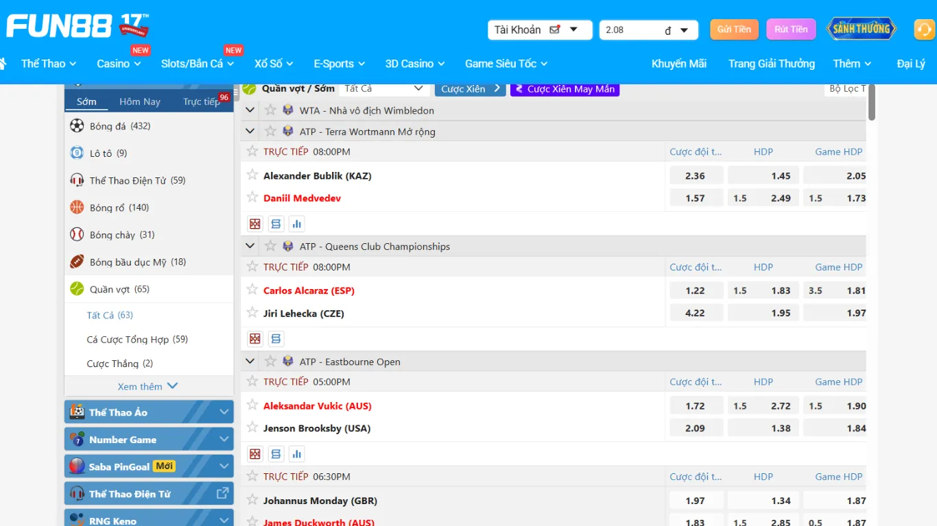 Giao diện cá cược quần vợt tại FUN88