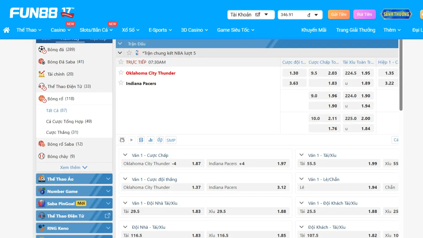 Giao diện kèo cá cược tại FUN88