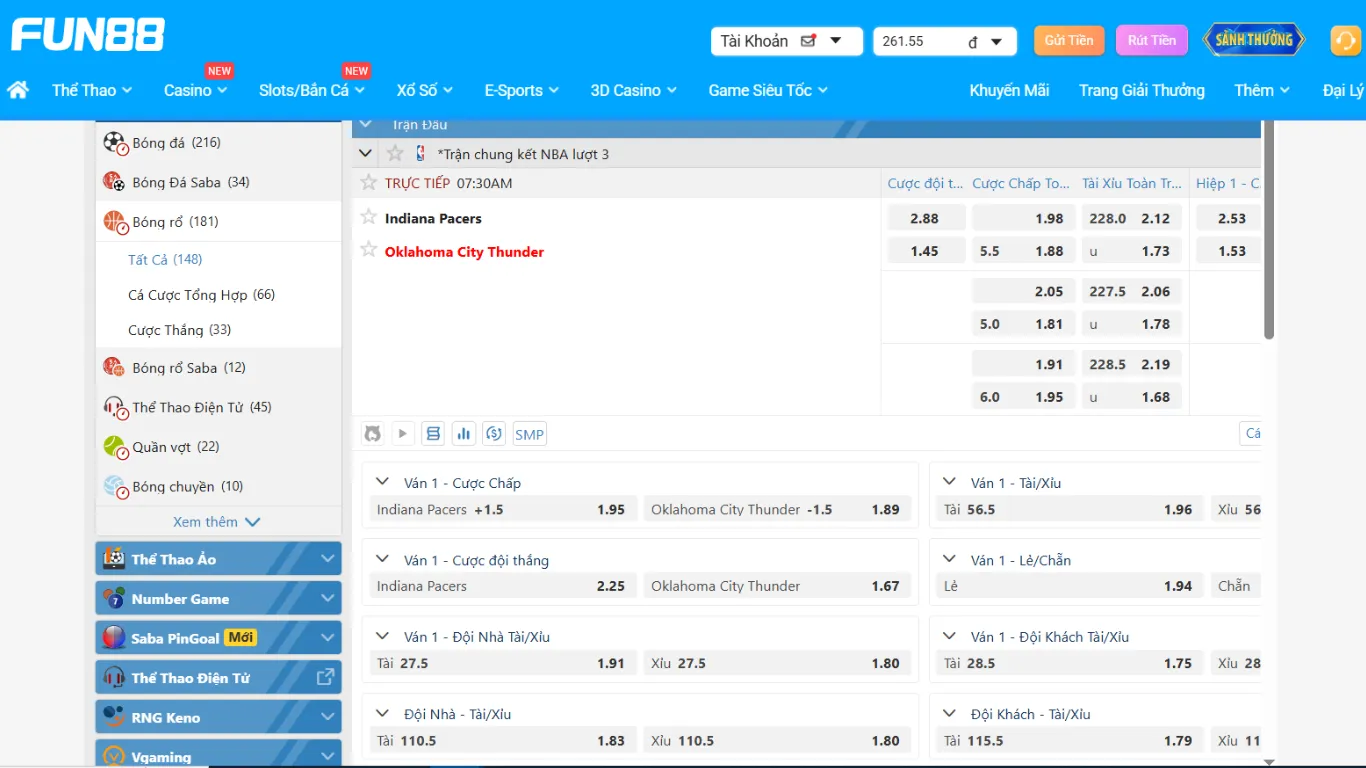 Giao diện tỷ lệ kèo 2 đội Pacers vs Thunder tại FUN88