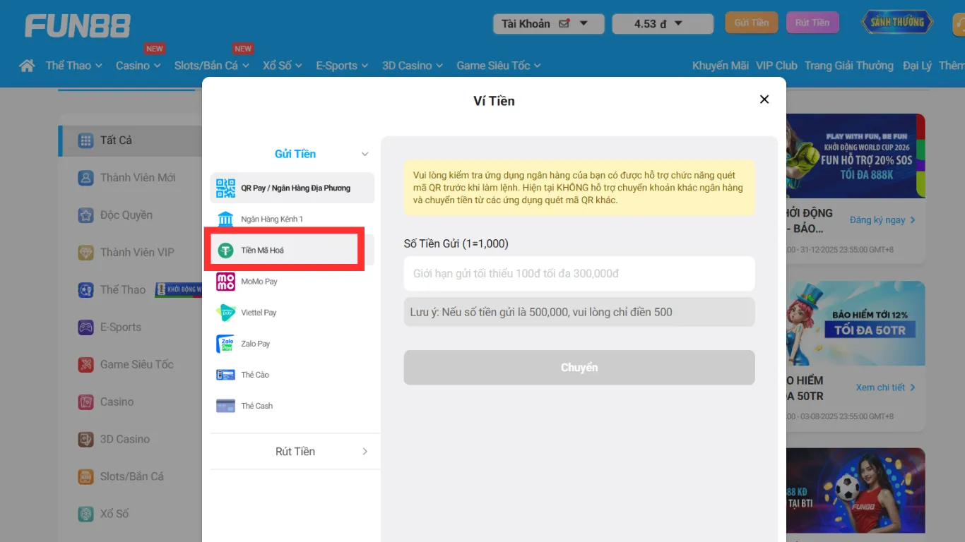 Chọn phương thức thanh toán “Tiền mã hóa” để nạp tiền bằng Crypto