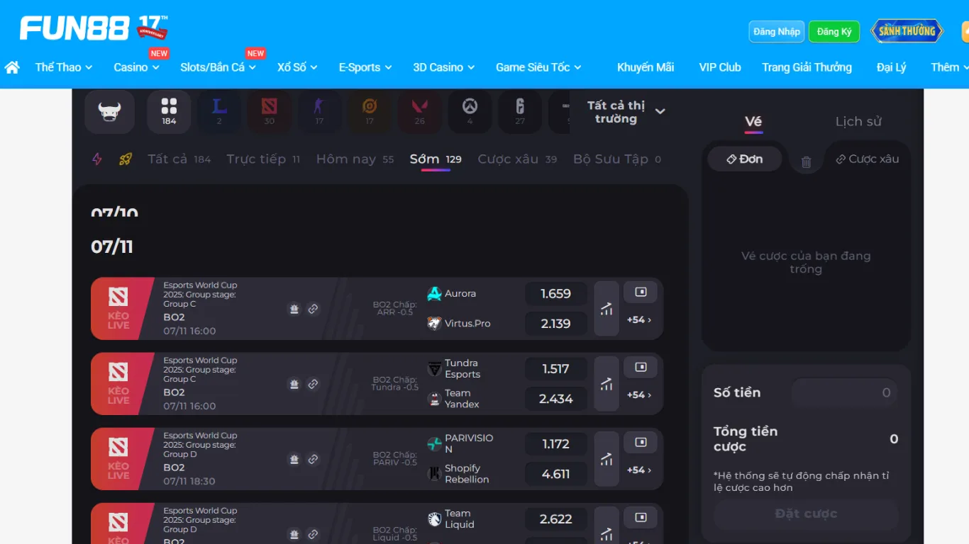 Giao diện cá cược Free Fire EWC tại FUN88