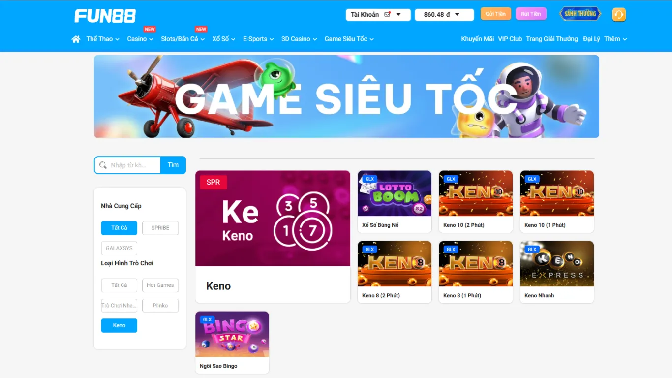 Vào mục Game siêu tốc tìm trò chơi Keno mà bạn yêu thích