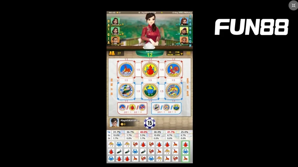 Giao diện và bảng lịch sử cược Bầu Cua Online